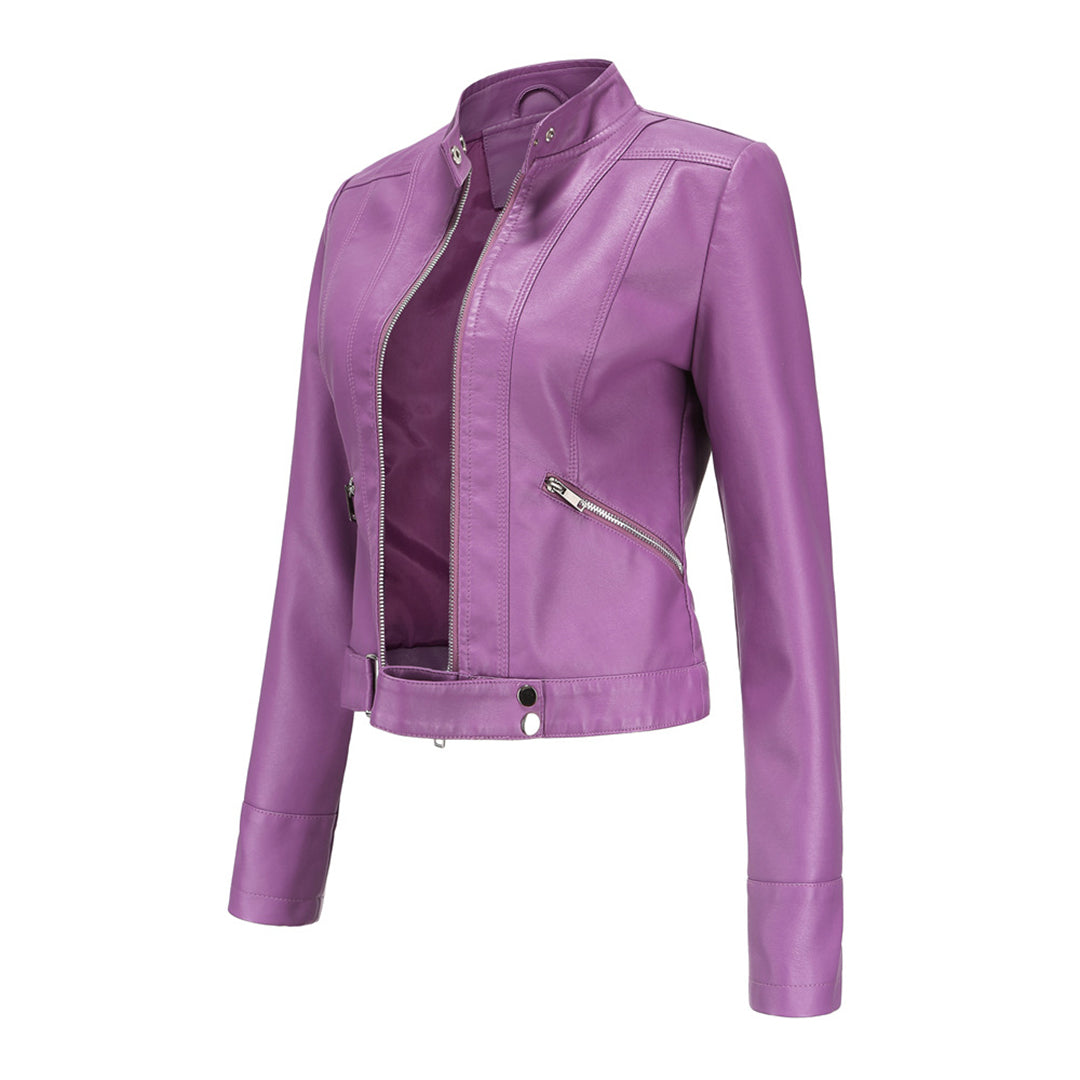 Veste de motard en cuir pour femme, coupe ajustée, fermeture zippée, manteau court