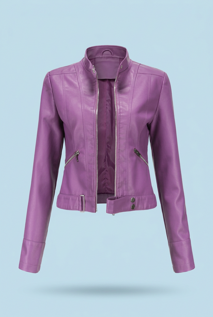 Veste de motard en cuir pour femme, coupe ajustée, fermeture zippée, manteau court