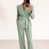 Women's Linen Tailored Tie Waist Blazer and Trouser Suit Set