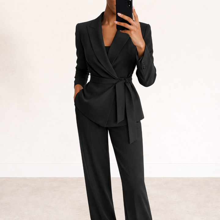 Women's Linen Tailored Tie Waist Blazer and Trouser Suit Set