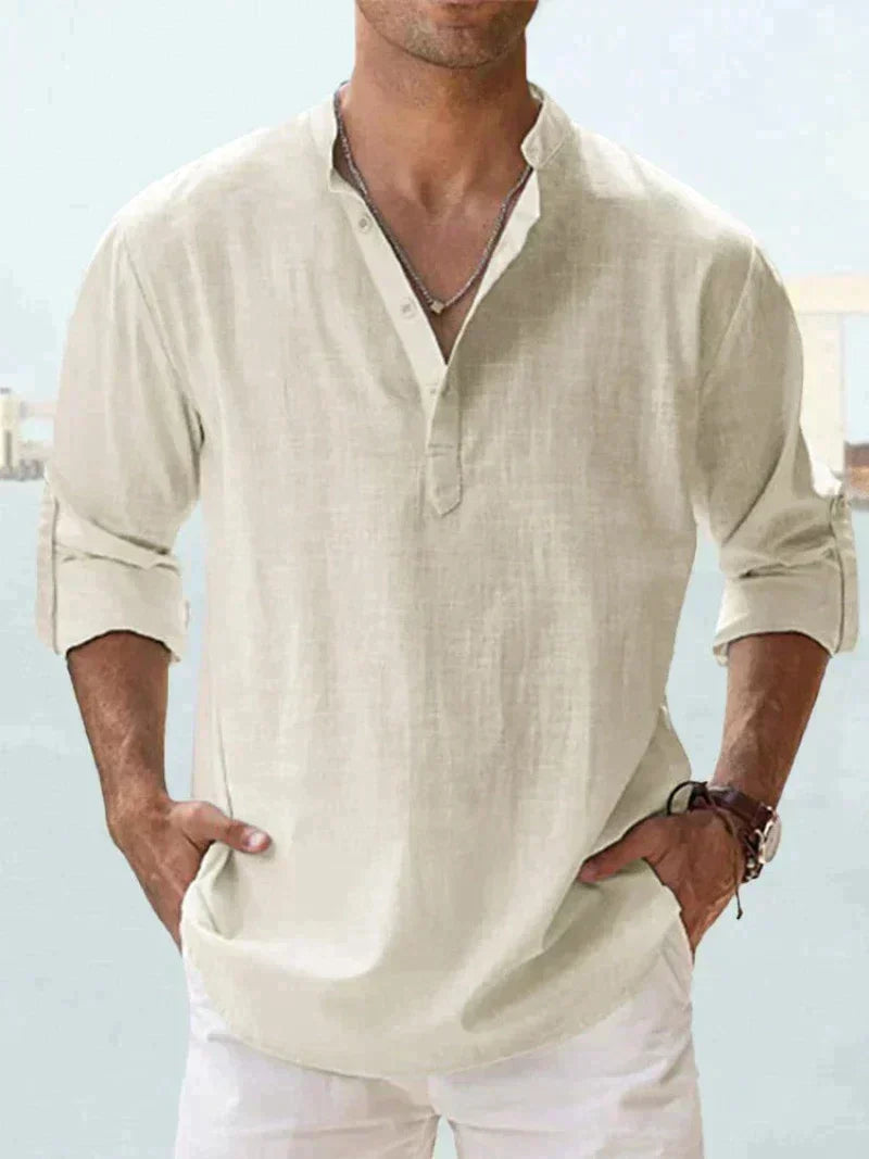 Men's Linen Henley Long Sleeve Relaxed Fit Shirt