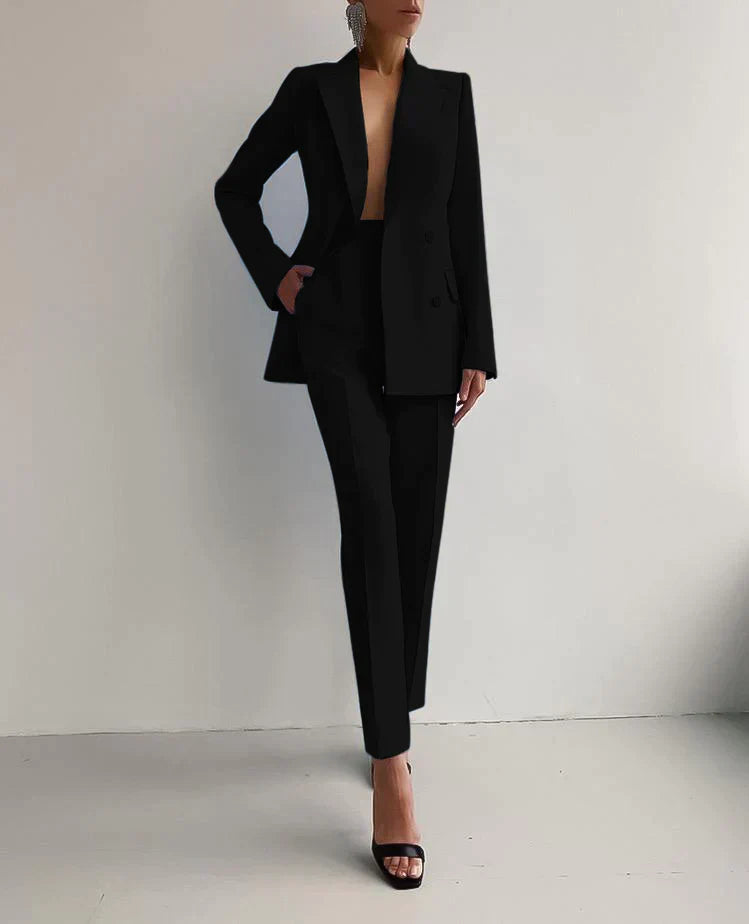 Women's Wool Mix Formal Double Breasted Blazer and Trousers Suit