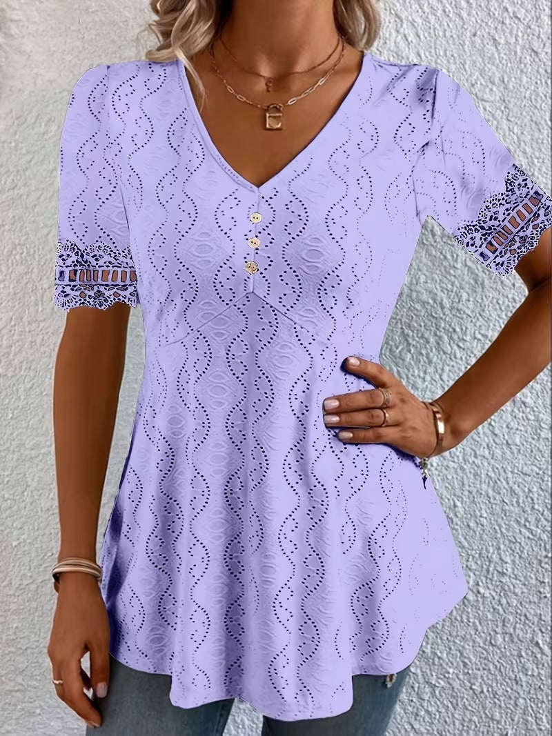 Women’s Silk-Blend Patchwork V-Neck Short-Sleeve Blouse