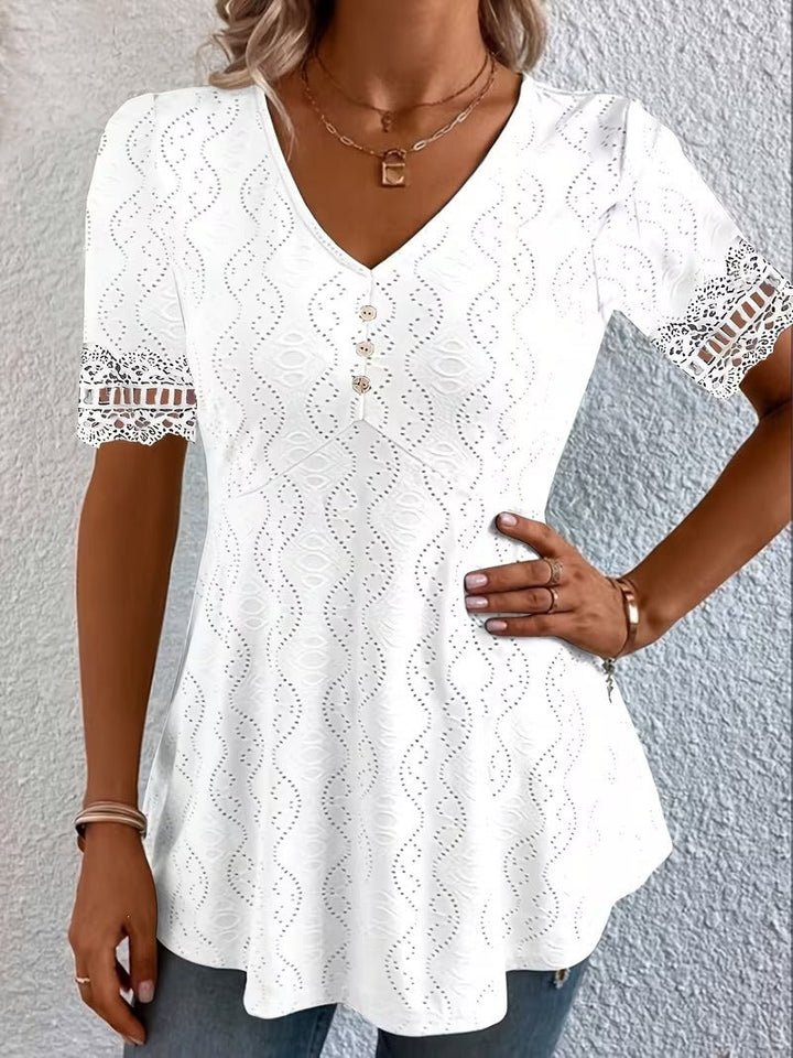 Women’s Silk-Blend Patchwork V-Neck Short-Sleeve Blouse