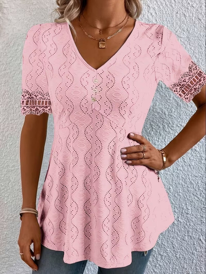 Women’s Silk-Blend Patchwork V-Neck Short-Sleeve Blouse