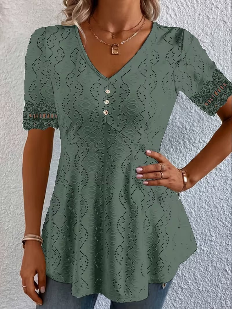 Women’s Silk-Blend Patchwork V-Neck Short-Sleeve Blouse
