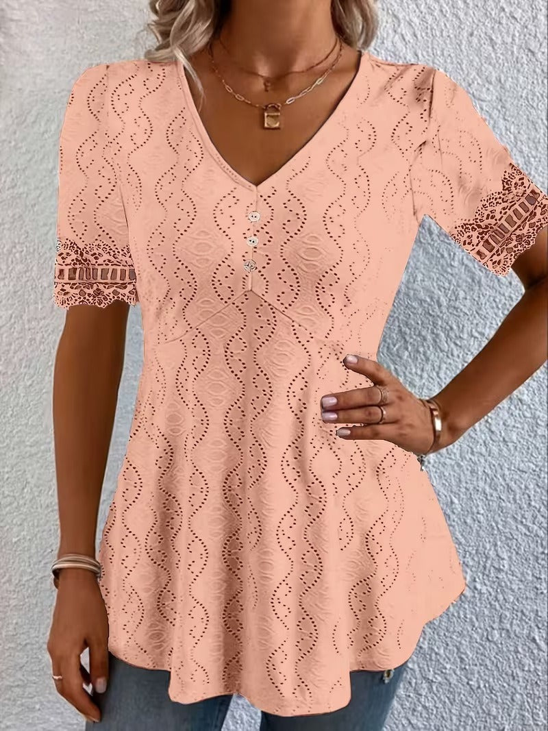 Women’s Silk-Blend Patchwork V-Neck Short-Sleeve Blouse