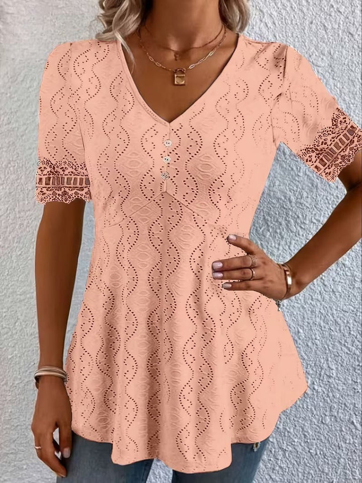 Women’s Silk-Blend Patchwork V-Neck Short-Sleeve Blouse