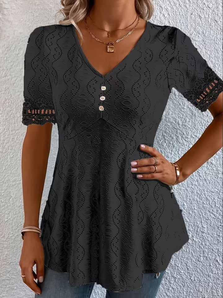 Women’s Silk-Blend Patchwork V-Neck Short-Sleeve Blouse