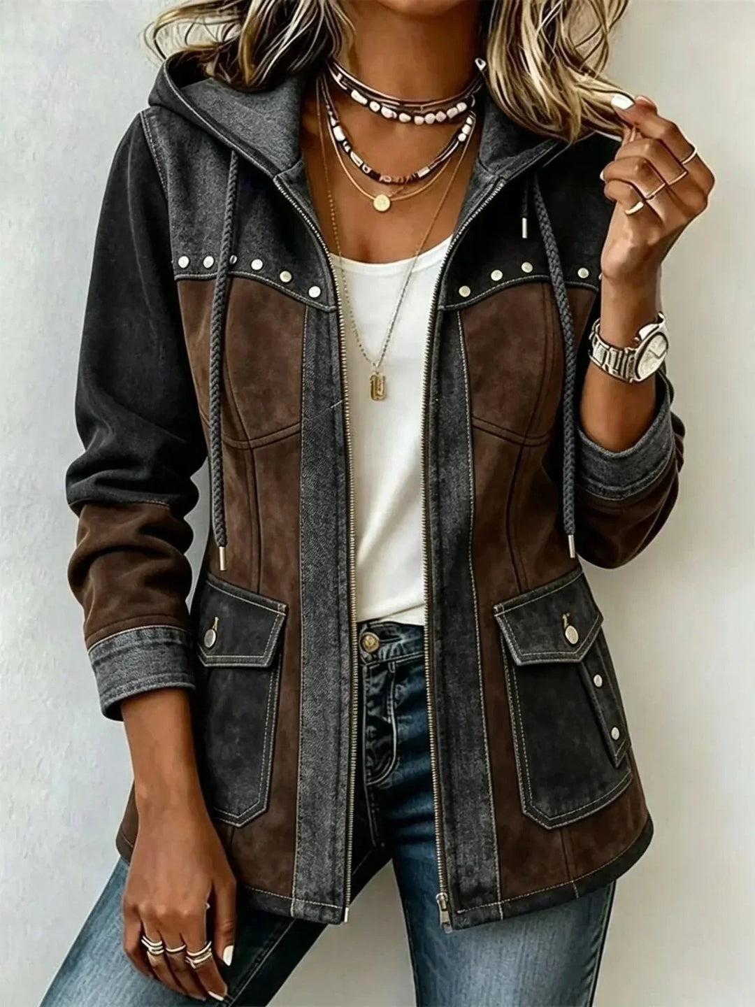 Women's Colorblock Hooded Jacket Suede Studded Parka Coat
