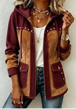 Women's Colorblock Hooded Jacket Suede Studded Parka Coat