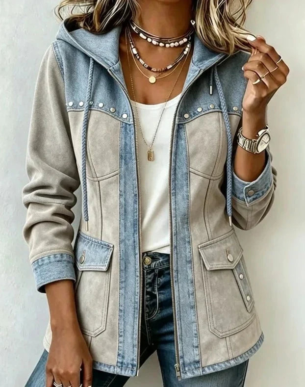 Women's Colorblock Hooded Jacket Suede Studded Parka Coat