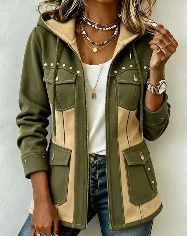 Women's Colorblock Hooded Jacket Suede Studded Parka Coat