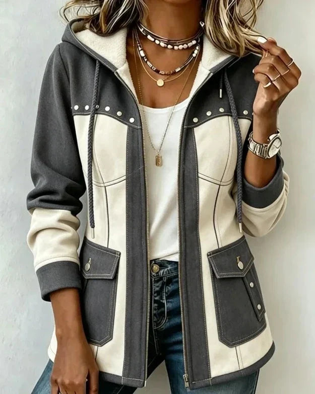 Women's Colorblock Hooded Jacket Suede Studded Parka Coat