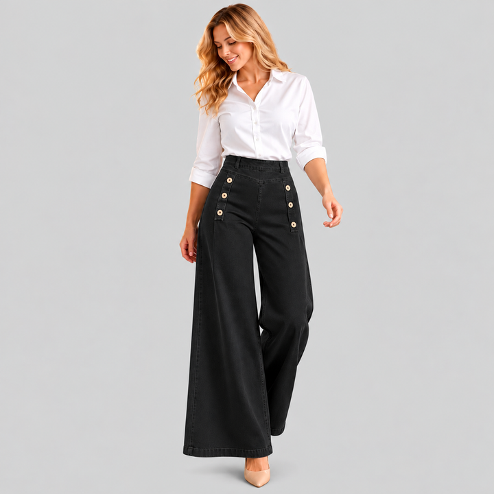 Jean large pour femme, taille haute, style marin avec boutons, pantalon palazzo