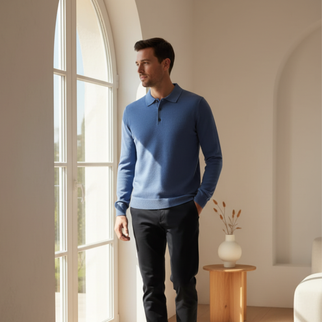 Men's Merino Wool Long Sleeve Polo Knit Sweater