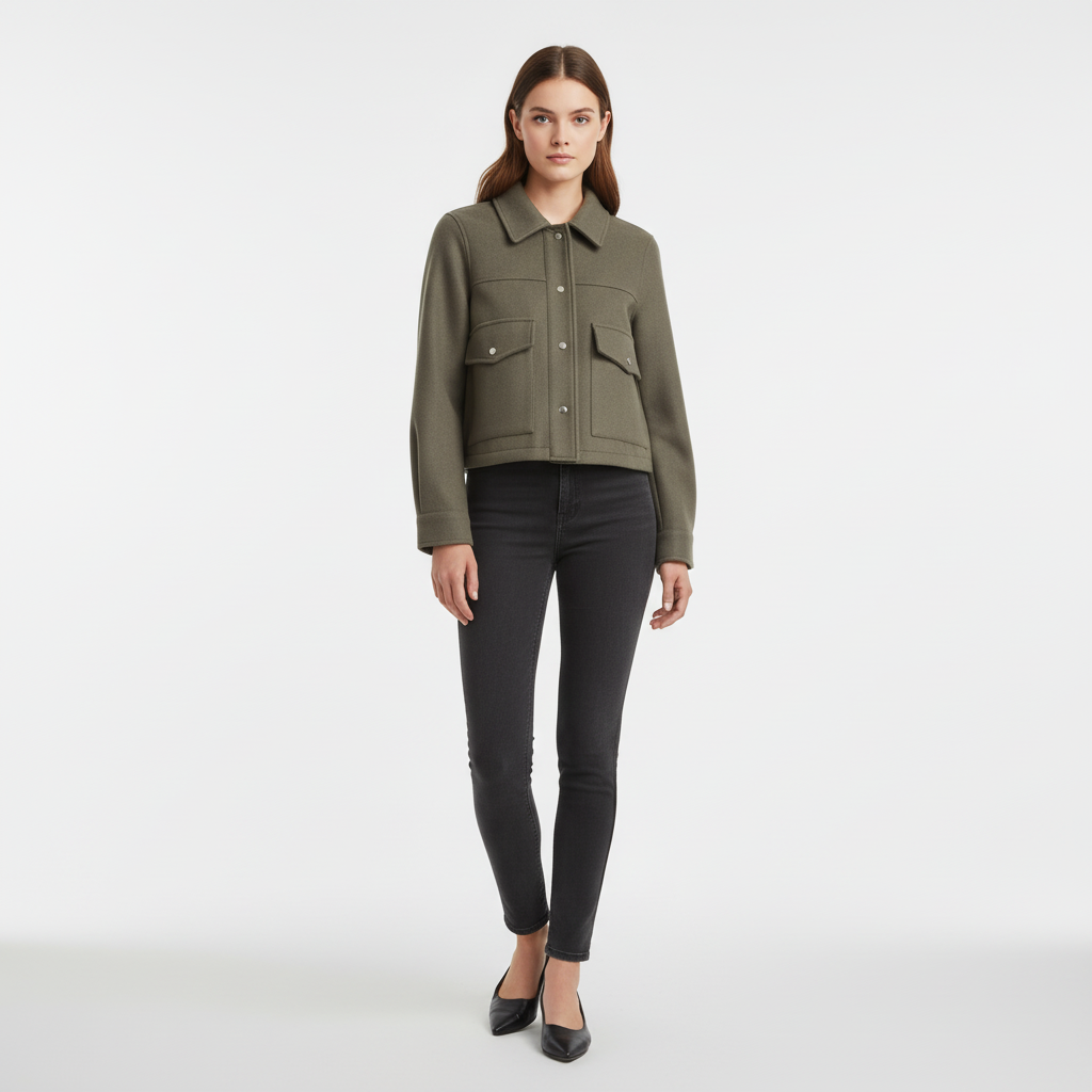 Women's Wool Bomber Jacket Cropped Shacket Coat