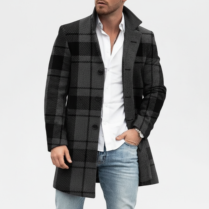 Men's Wool Overcoat Plaid Trench Jacket