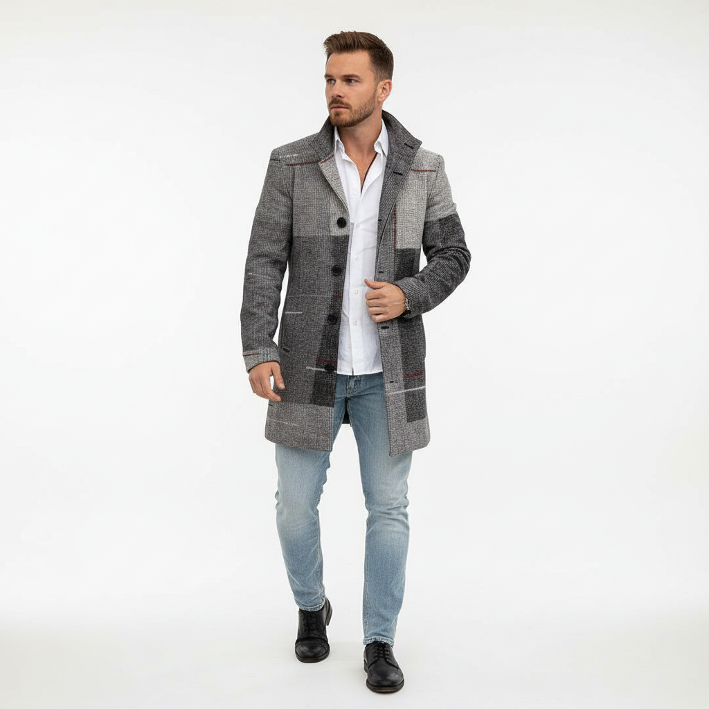 Men's Wool Overcoat Plaid Trench Jacket