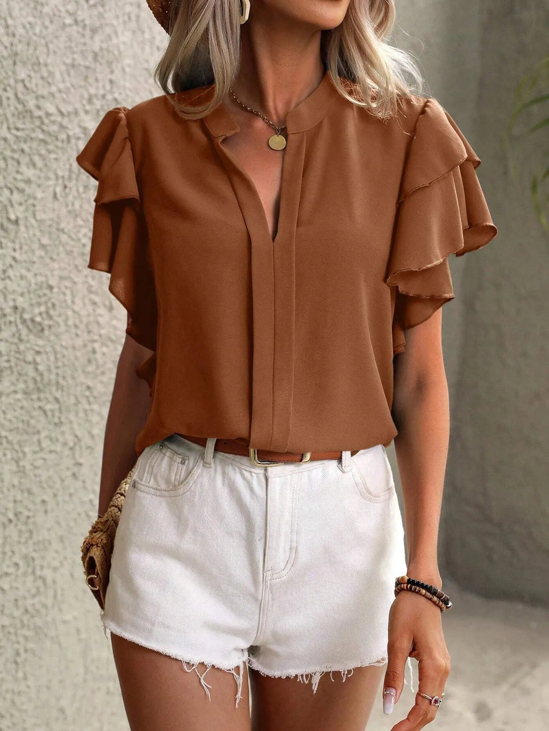 Women's Chiffon Ruffle Sleeve Blouse V Neck Tops