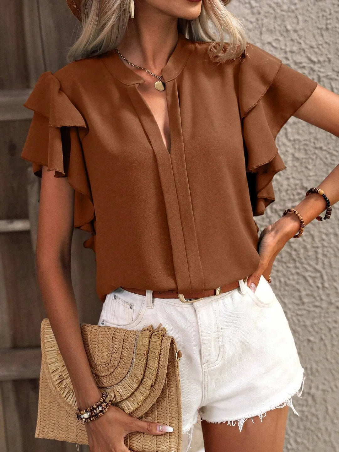 Women's Chiffon Ruffle Sleeve Blouse V Neck Tops