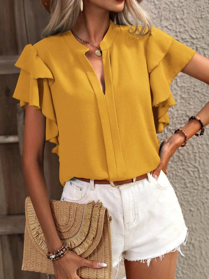 Women's Chiffon Ruffle Sleeve Blouse V Neck Tops