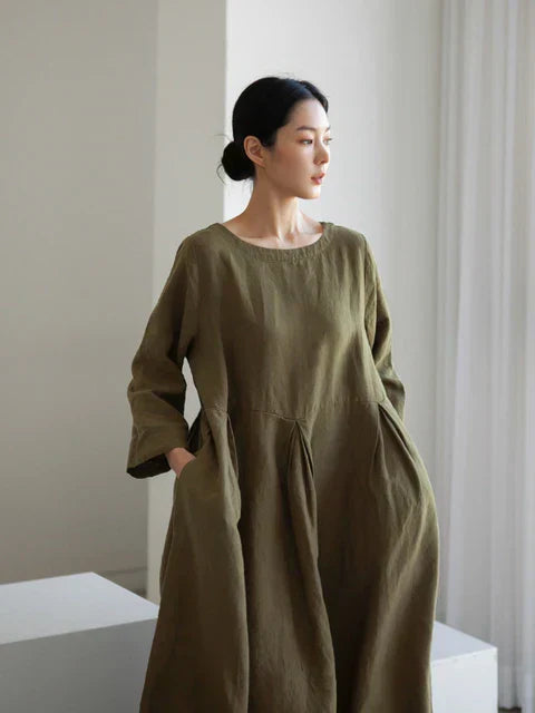 Women's Linen Maxi Dress Loose Fit Long Sleeve Kaftan Dress