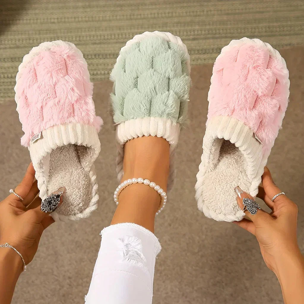 Women's Fleece Slippers Slip-On Knit House Shoes with Non-Slip Sole