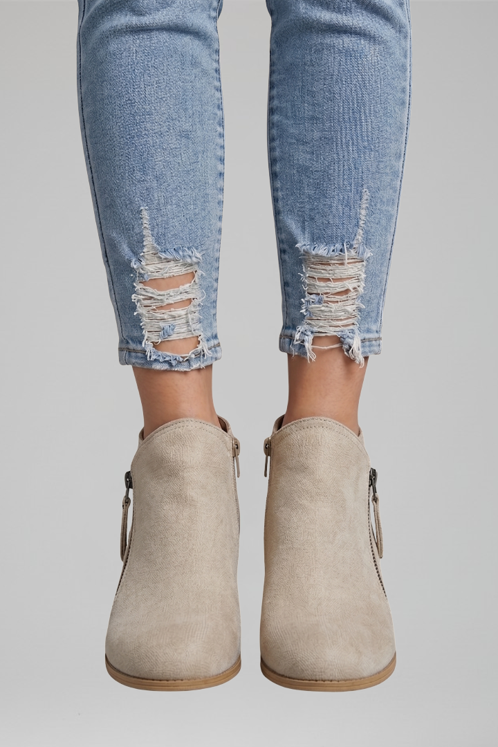 Bottes basses décontractées pour femmes en daim avec fermeture éclair latérale et petit talon