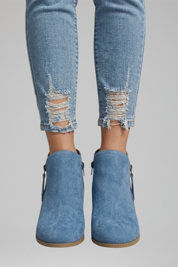 Bottes basses décontractées pour femmes en daim avec fermeture éclair latérale et petit talon