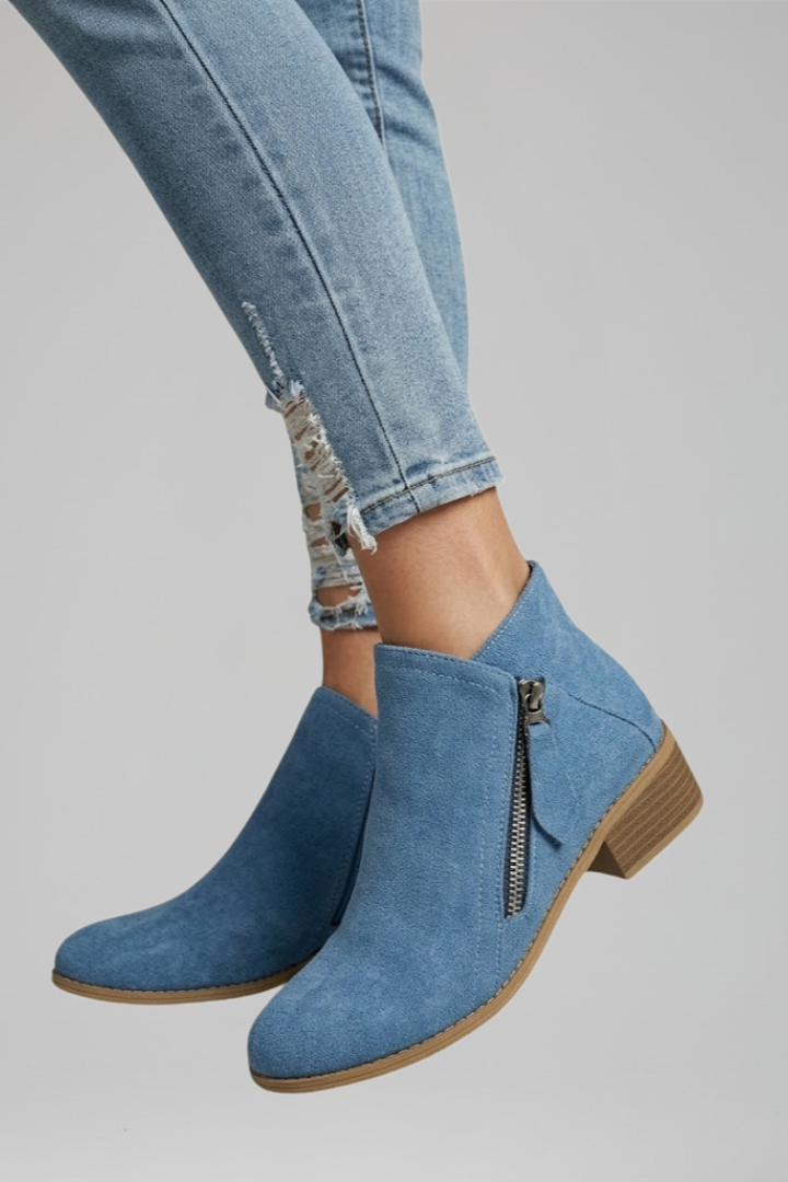 Bottes basses décontractées pour femmes en daim avec fermeture éclair latérale et petit talon