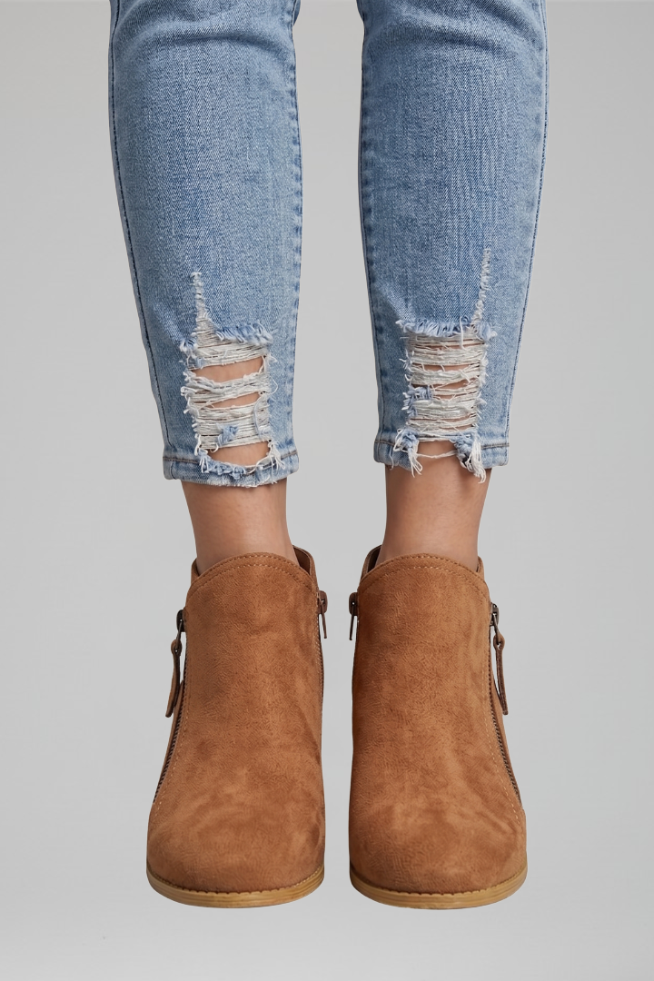 Bottes basses décontractées pour femmes en daim avec fermeture éclair latérale et petit talon
