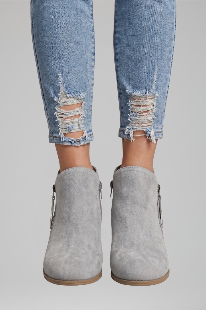 Bottes basses décontractées pour femmes en daim avec fermeture éclair latérale et petit talon
