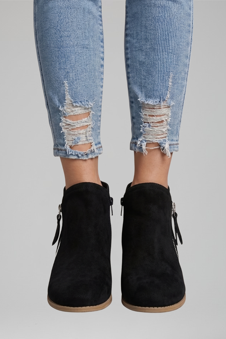 Bottes basses décontractées pour femmes en daim avec fermeture éclair latérale et petit talon