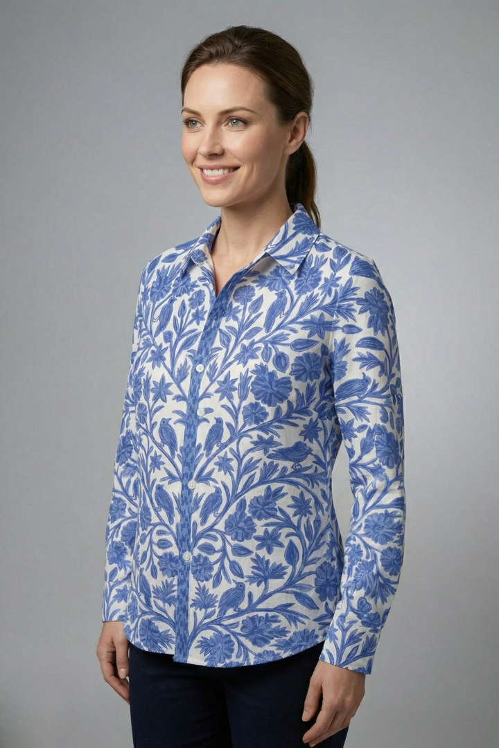 Women's Linen Long-Sleeve Button-Down Blouse