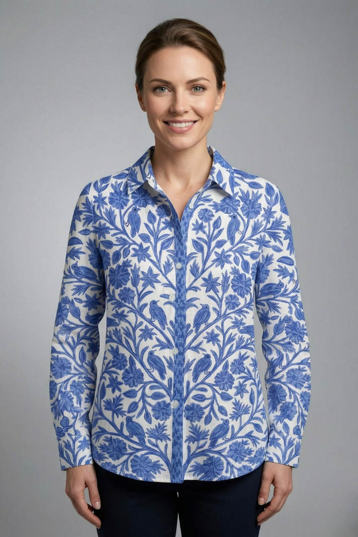 Women's Linen Long-Sleeve Button-Down Blouse