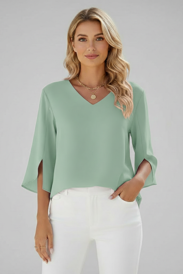 Women's Linen V-Neck Short-Sleeve Blouse