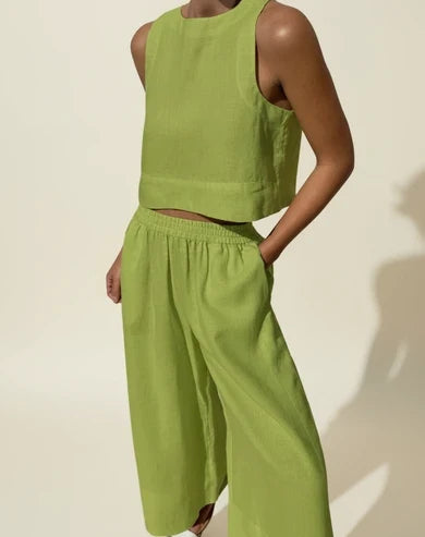 Women's Linen Two Piece Crop Top and Wide Leg Pant Set
