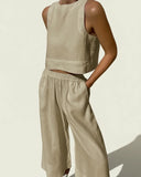 Women's Linen Two Piece Crop Top and Wide Leg Pant Set