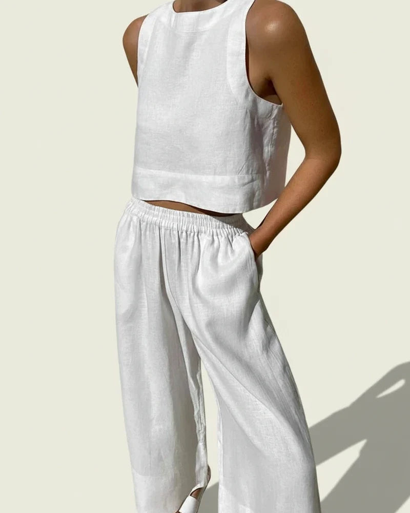 Women's Linen Two Piece Crop Top and Wide Leg Pant Set