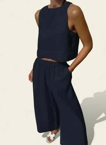 Women's Linen Two Piece Crop Top and Wide Leg Pant Set
