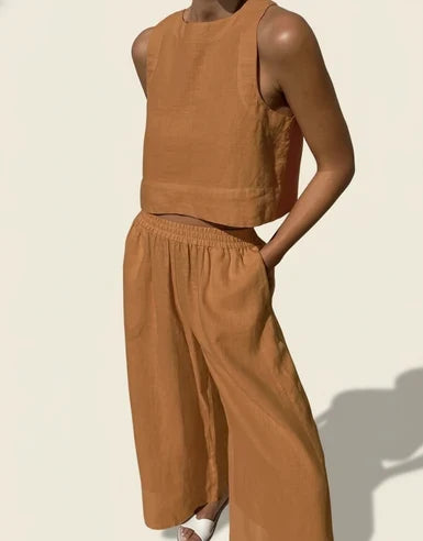 Women's Linen Two Piece Crop Top and Wide Leg Pant Set