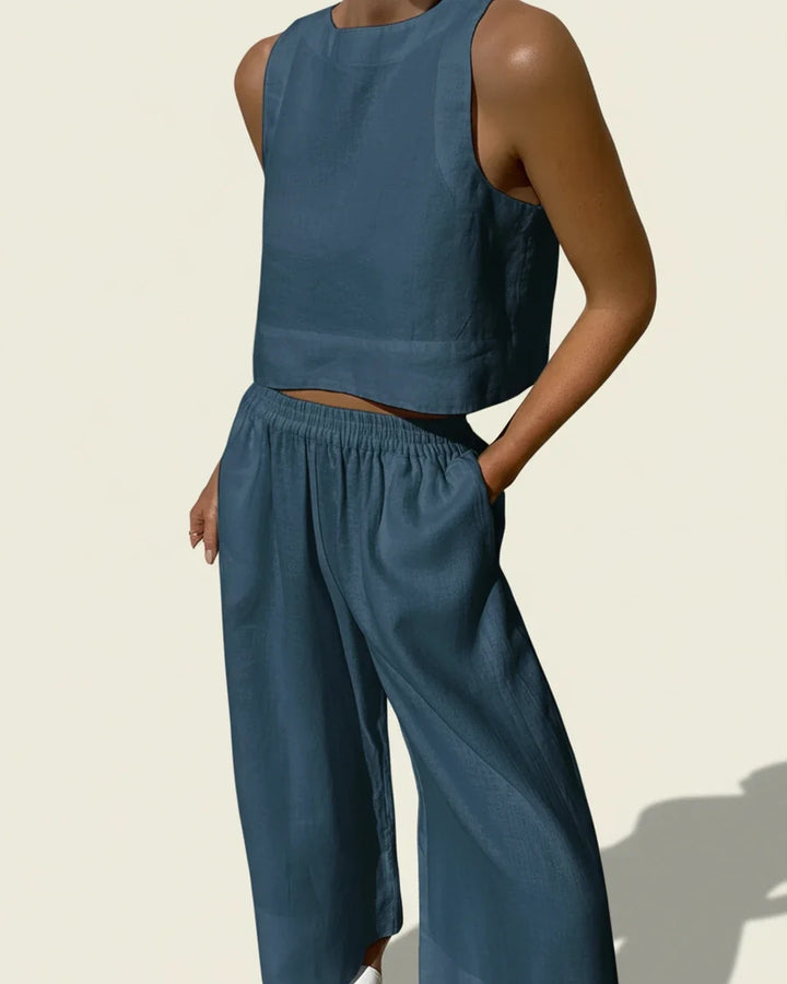 Women's Linen Two Piece Crop Top and Wide Leg Pant Set