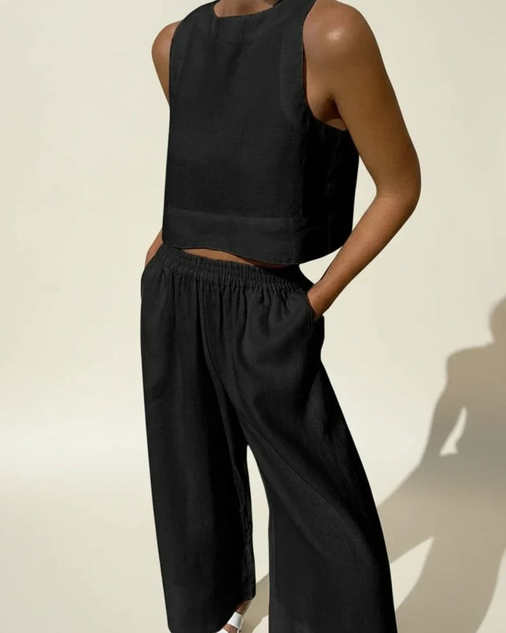 Women's Linen Two Piece Crop Top and Wide Leg Pant Set