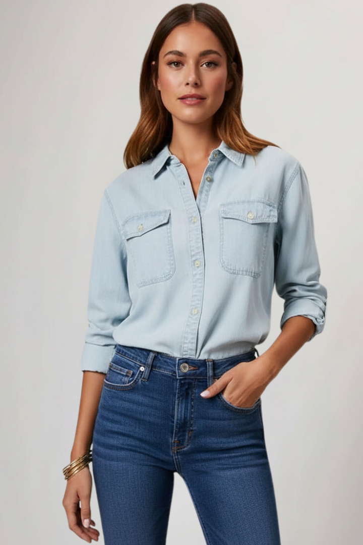 Women's Denim Shirt Long Sleeve Button Down Blouse Chambray Western Top