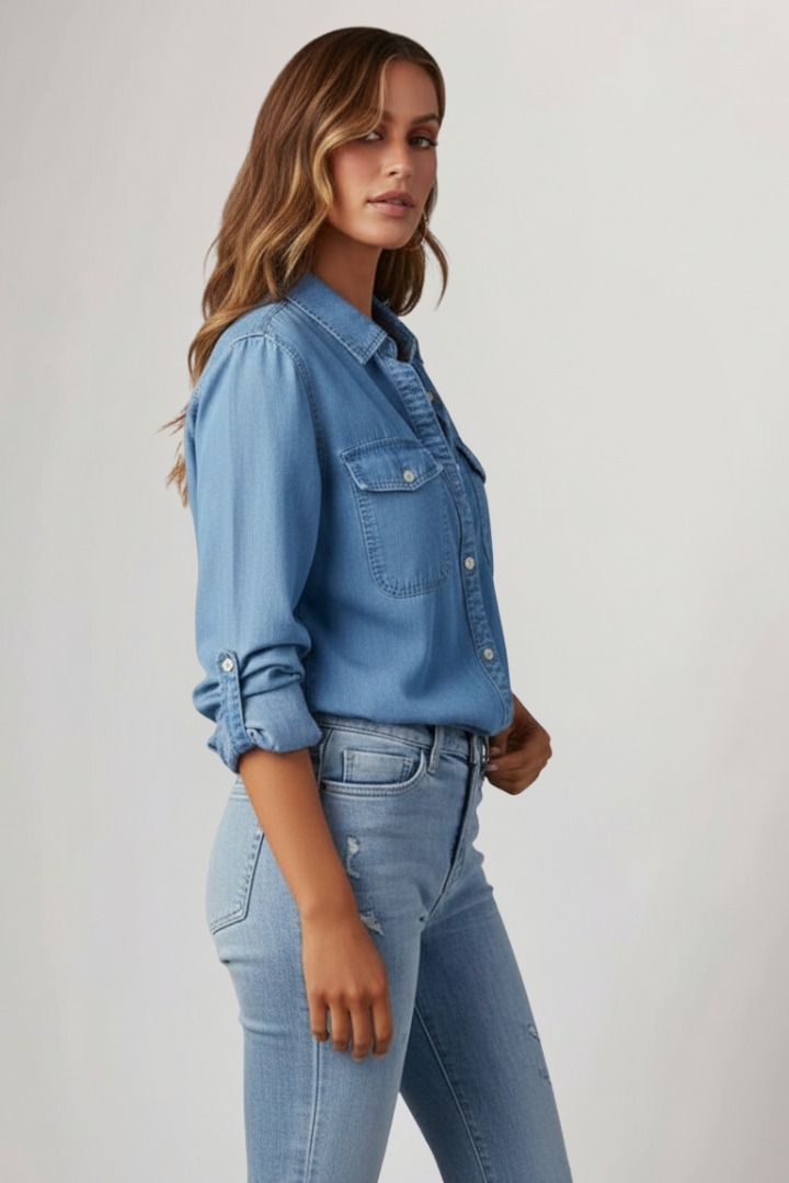 Women's Denim Shirt Long Sleeve Button Down Blouse Chambray Western Top