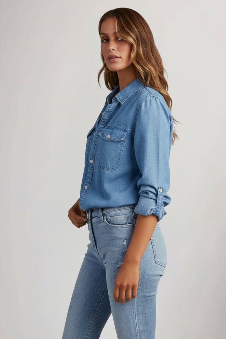 Women's Denim Shirt Long Sleeve Button Down Blouse Chambray Western Top