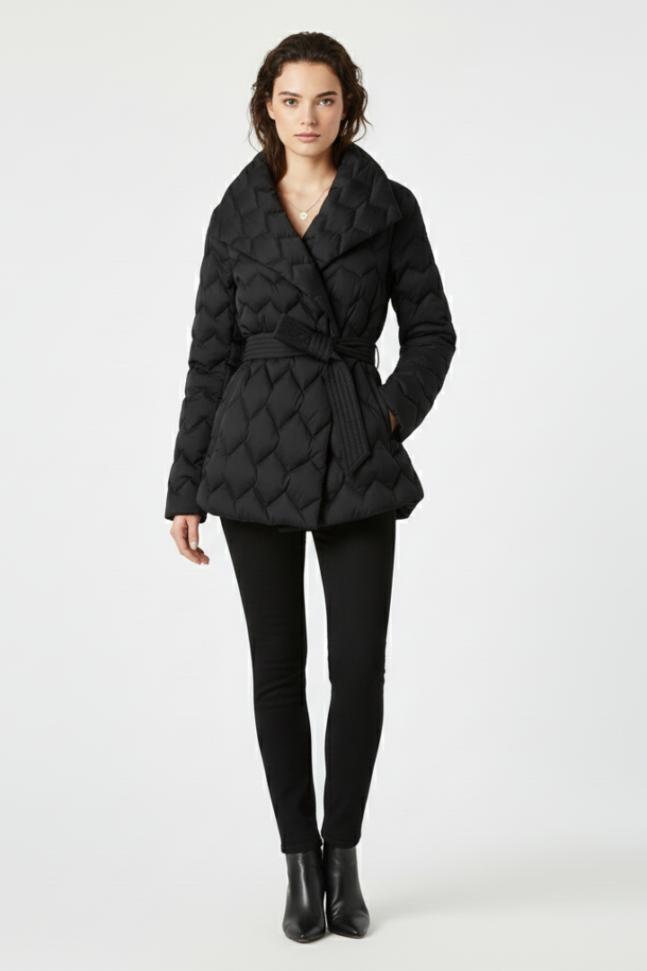 Women's Wool Mix Quilted Puffer Jacket Belted Wrap Coat