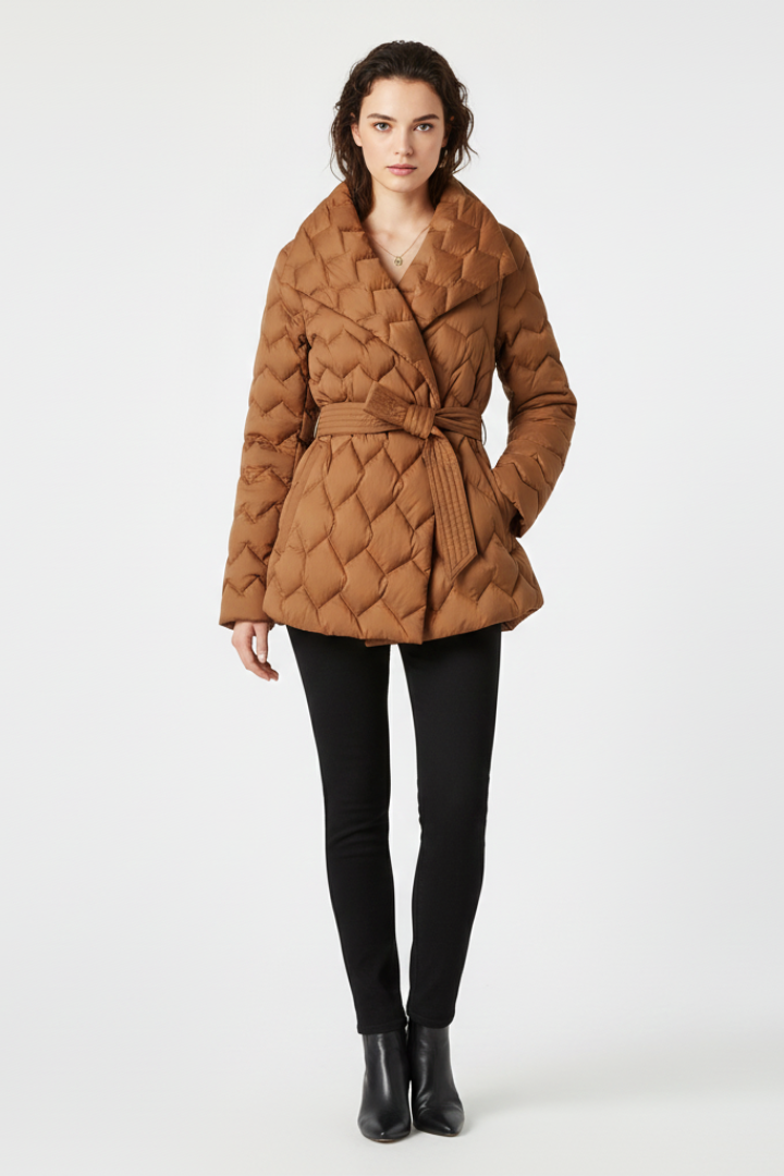 Women's Wool Mix Quilted Puffer Jacket Belted Wrap Coat