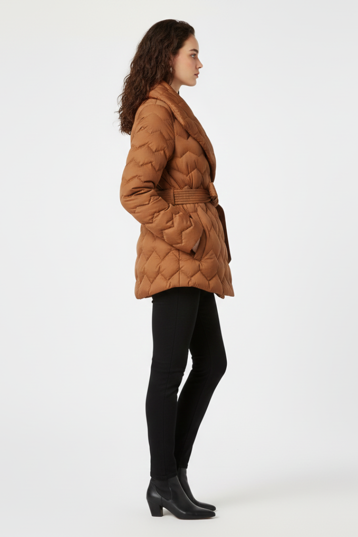 Women's Wool Mix Quilted Puffer Jacket Belted Wrap Coat